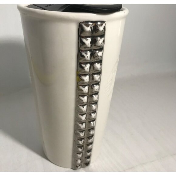 Starbucks Tumbler 2014 White Travel With Lid Silver Studded Ceramic Double Wall - Picture 3 of 12